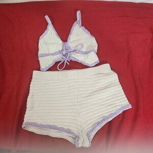 Pink Victoria's Secret Cream Lilac Trim Viscose Poly Crochet Top and Shorts Sz S